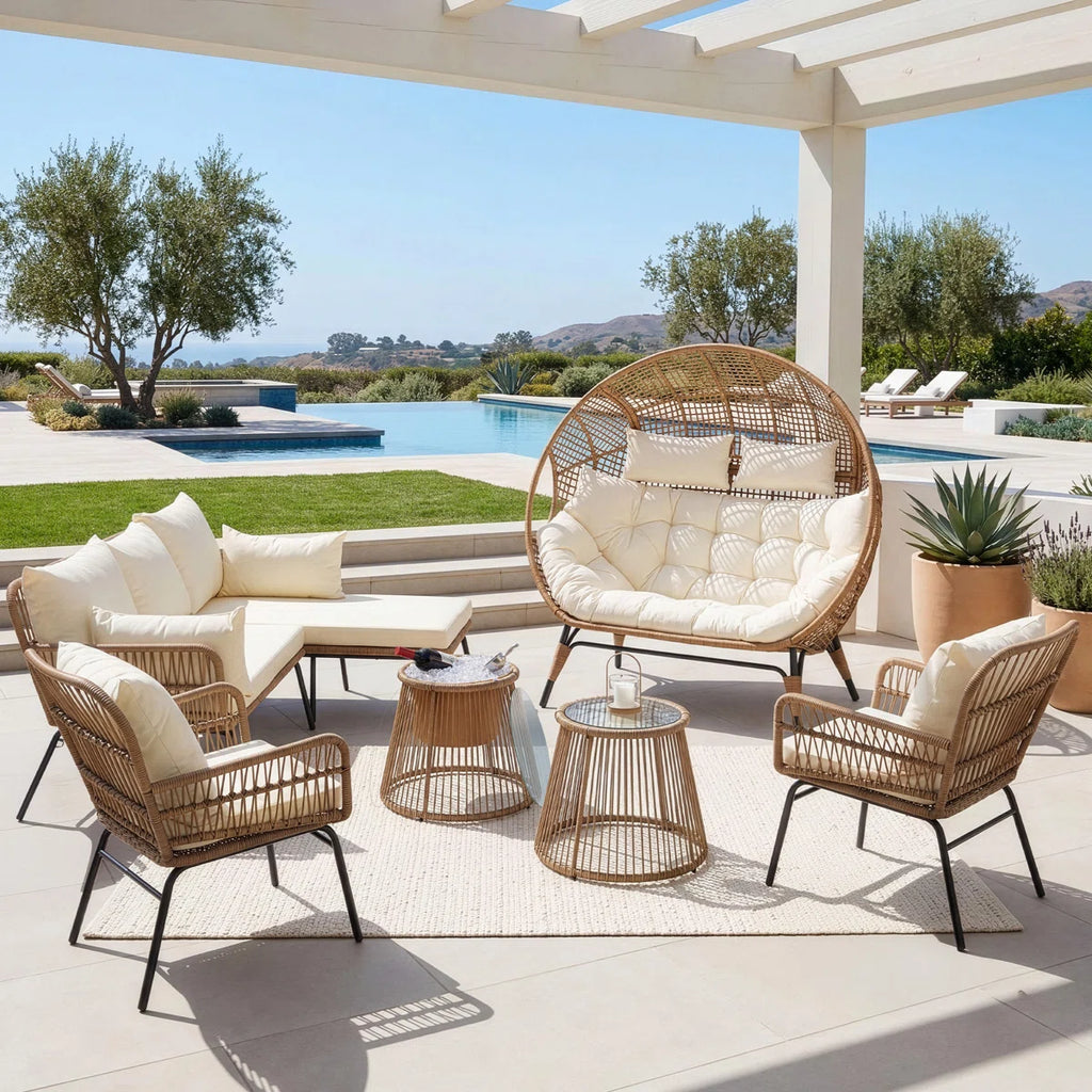 6 - Piece Outdoor Boho Patio Conversation Set with 2-Person Egg Chair and Ice Bucket Table