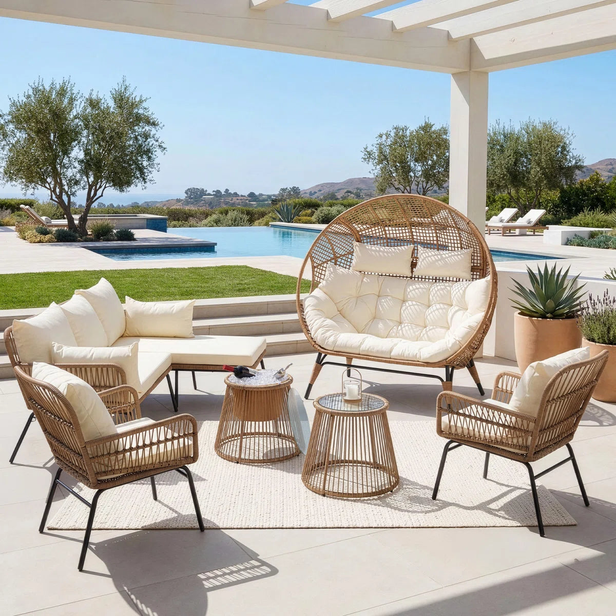 6 - Piece Outdoor Boho Patio Conversation Set with 2-Person Egg Chair and Ice Bucket Table