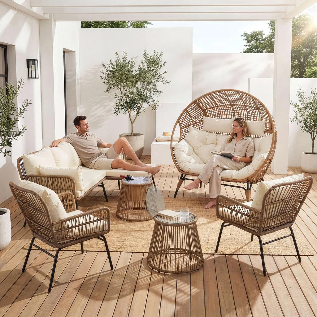 6 - Piece Outdoor Boho Patio Conversation Set with 2-Person Egg Chair and Ice Bucket Table