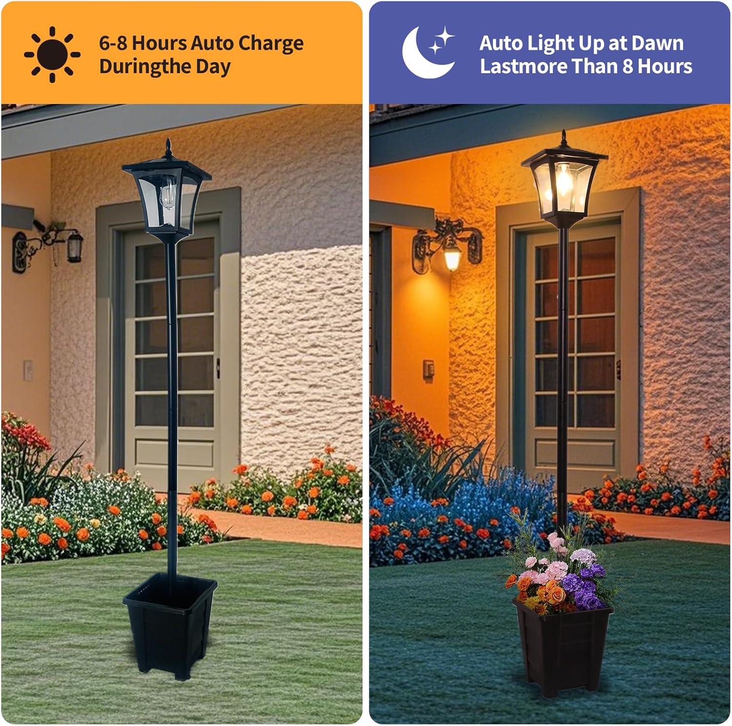 2-In-1 Outdoor Planter with Solar Lamp Post Lights, 59"H MAX