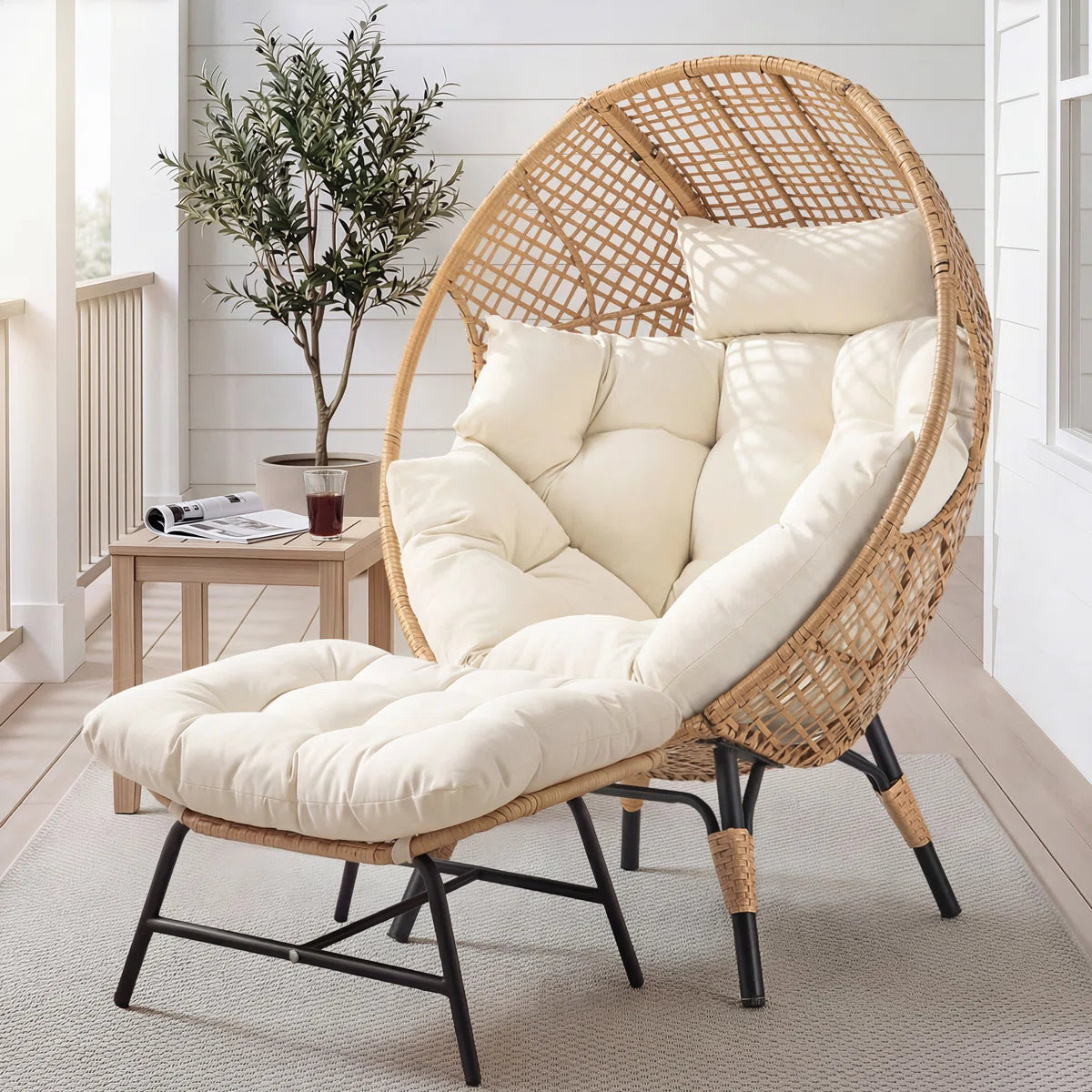 Indoor/Outdoor Wicker Egg Chair Set with Ottoman and Cushions