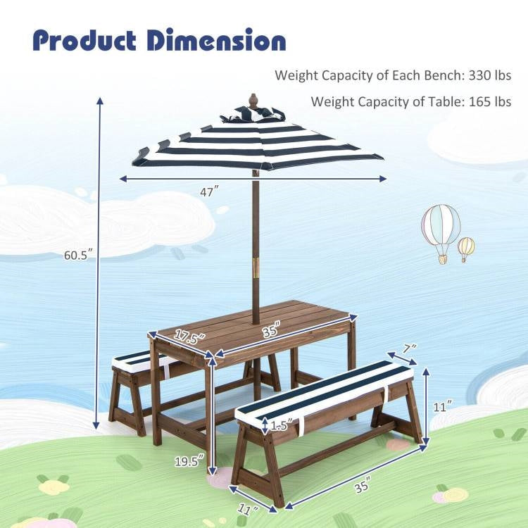 Kids Outdoor Wooden Picnic Table Bench Chairs Cushions Umbrella Set Navy/White
